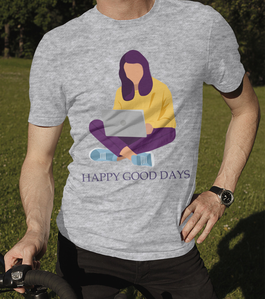 HAPPY GOOD DAYS Laptop Sitting Woman T-Shirt