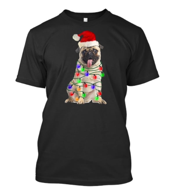 Christmas Pug Wrapped In Festive Lights Wearing Santa Hat T-Shirt