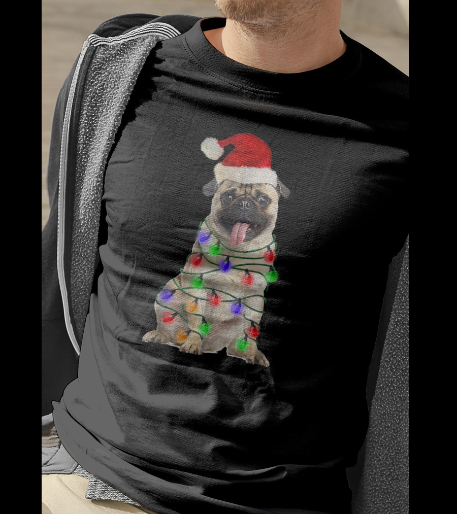 Christmas Pug Wrapped In Festive Lights Wearing Santa Hat T-Shirt