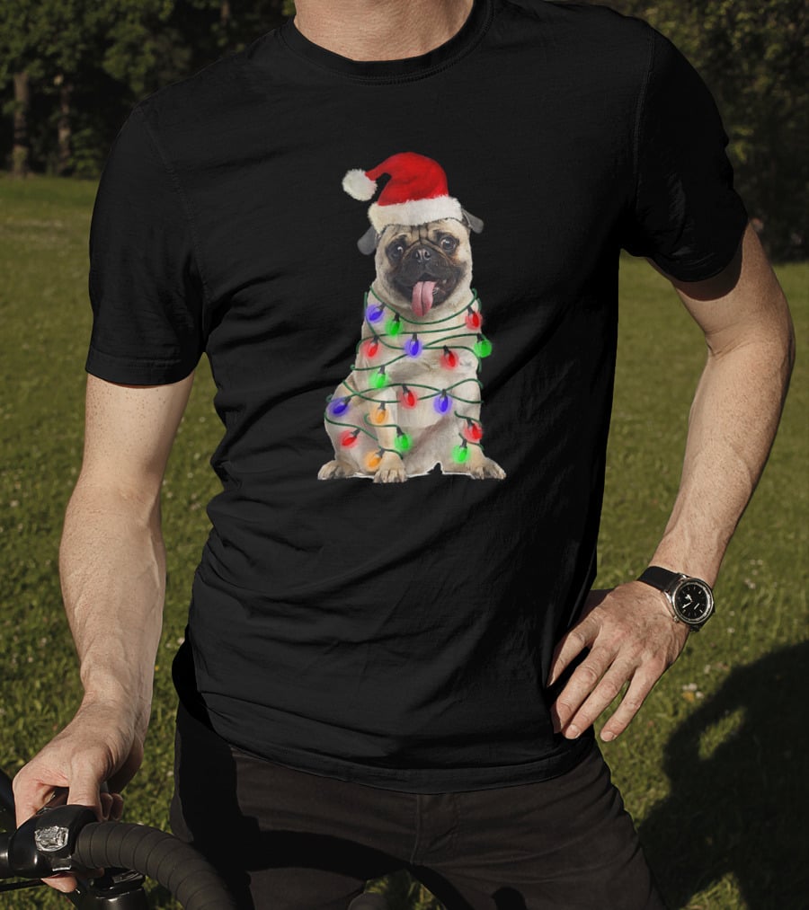 Christmas Pug Wrapped In Festive Lights Wearing Santa Hat T-Shirt