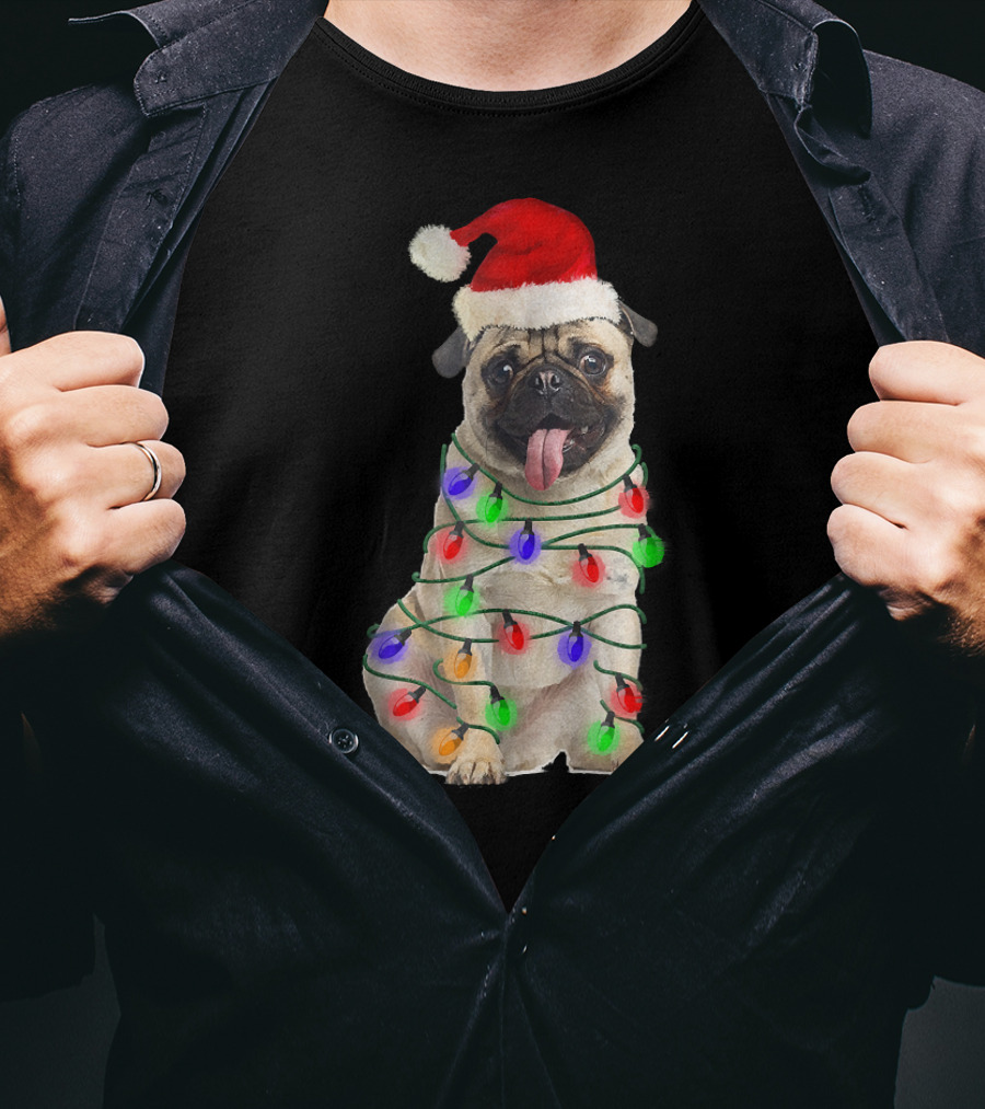 Christmas Pug Wrapped In Festive Lights Wearing Santa Hat T-Shirt