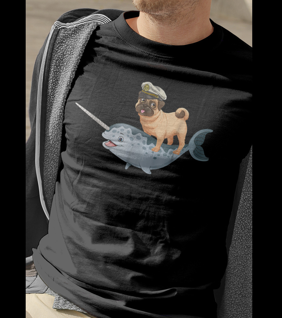 Captain Pug On Narwhal Funny Pug Adventure T-Shirt