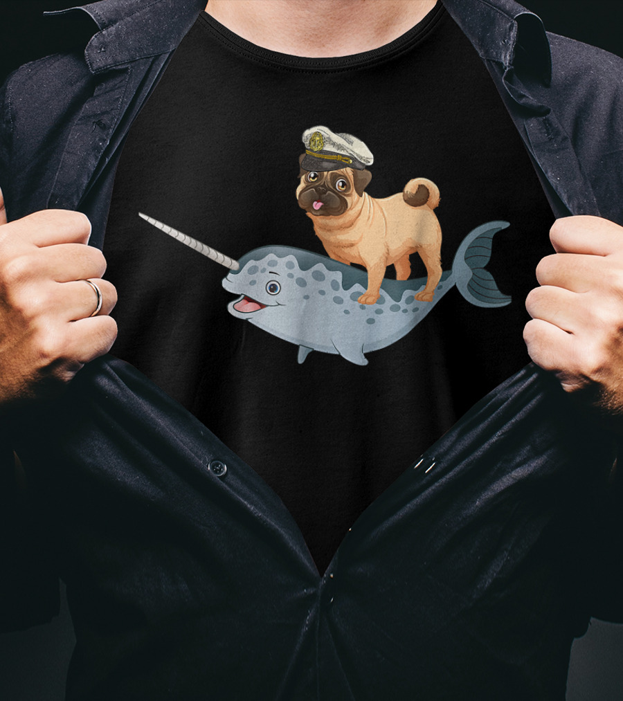 Captain Pug On Narwhal Funny Pug Adventure T-Shirt