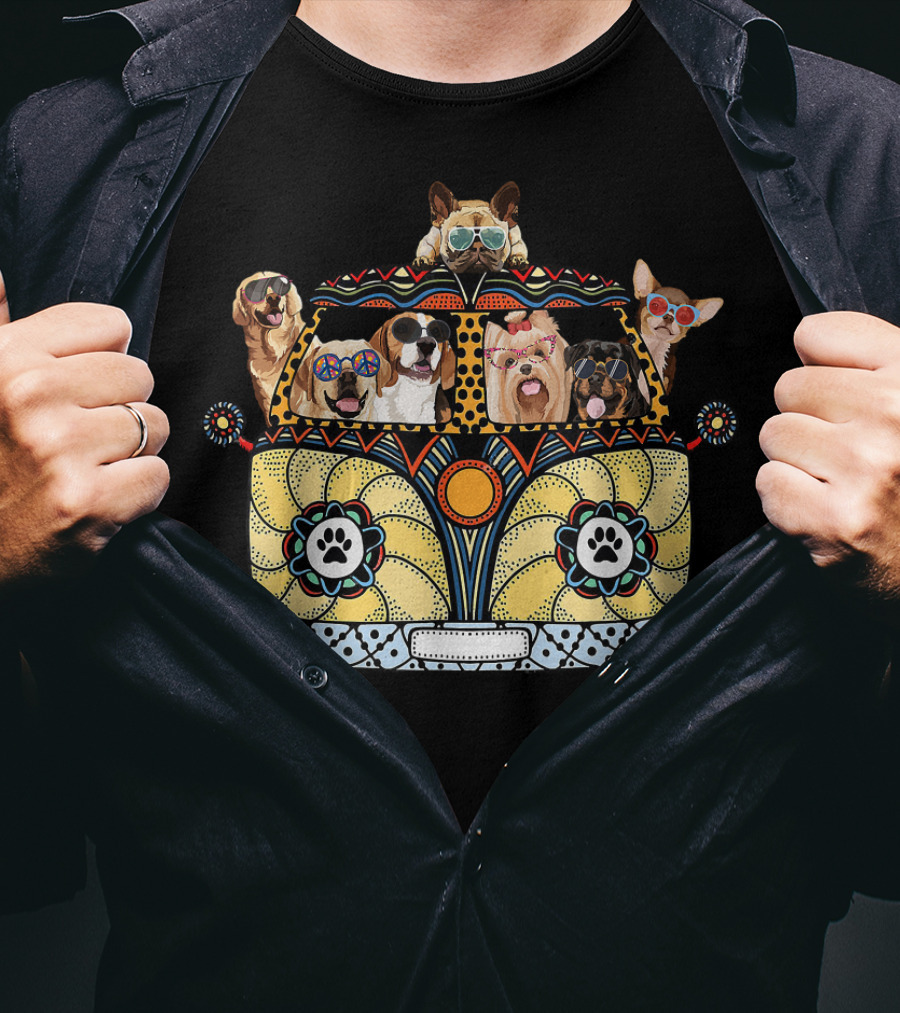 Hippie Van With Dogs And Sunglasses Peace Love Summer Vibes T-Shirt