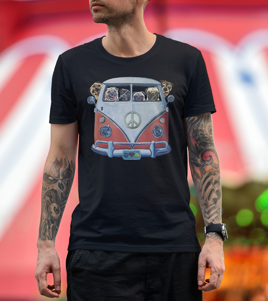 Pug Hippie Van Peace Love Funny Pug T-Shirt