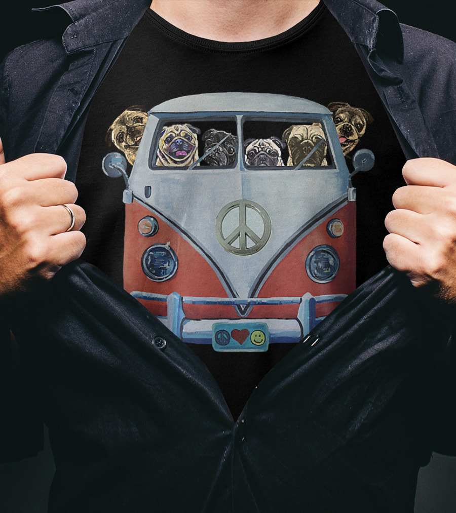 Pug Hippie Van Peace Love Funny Pug T-Shirt