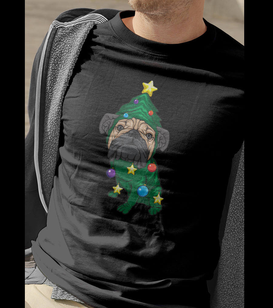 Pug Christmas Tree Yuletide Adorable Puppy Fan Holiday Stars Ornaments T-Shirt