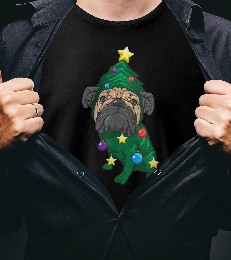 Pug Christmas Tree Yuletide Adorable Puppy Fan Holiday Stars Ornaments T-Shirt