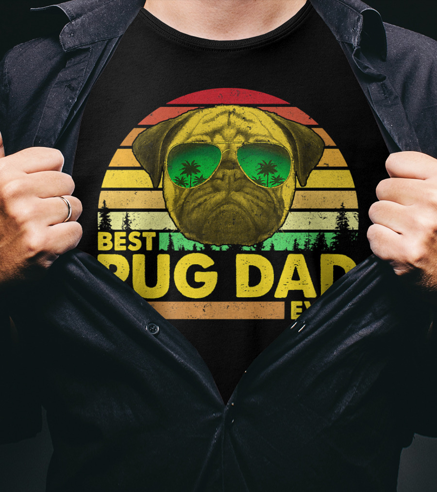 Best Pug Dad Ever Sunglasses Vintage Sunset T-Shirt
