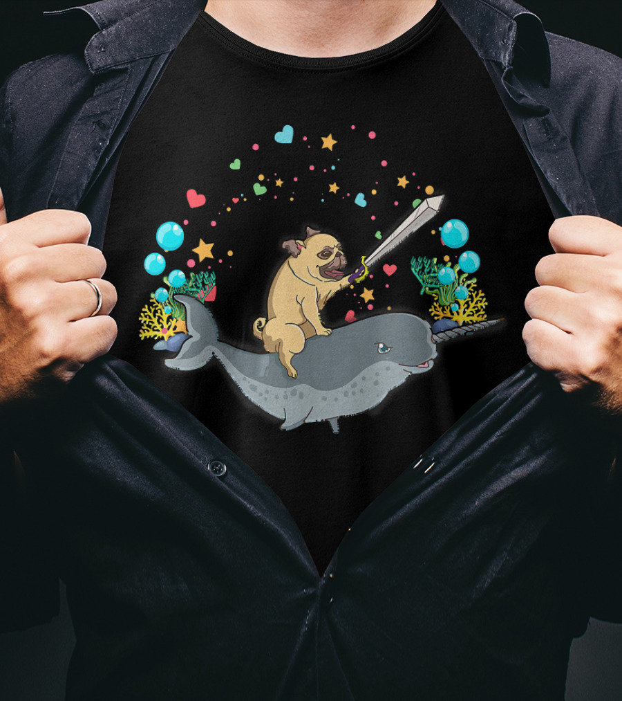 Warrior Pug With Sword Rides A Narwhal Surrounded By Hearts And Stars T-Shirt