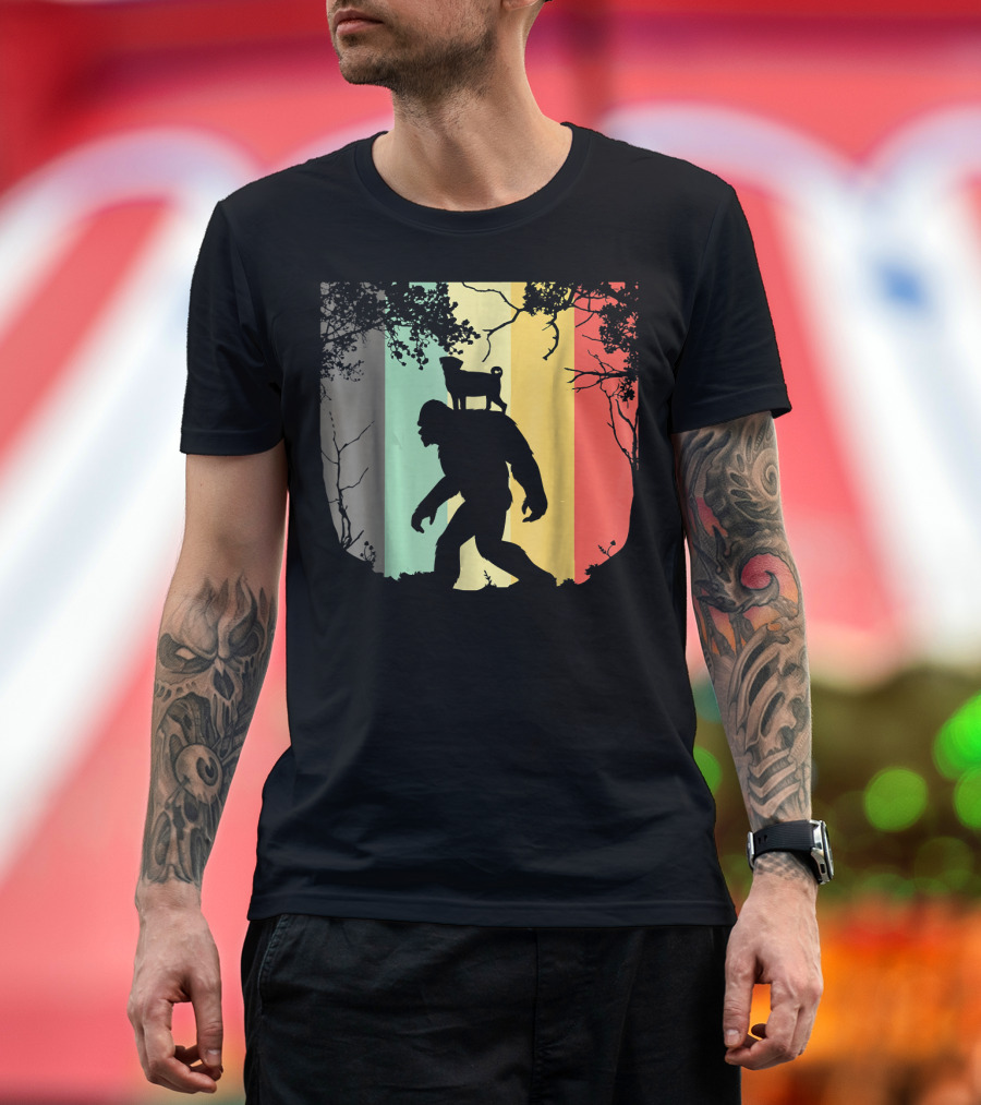 Pug Riding Bigfoot Vintage Retro Sunset Stripes T-Shirt