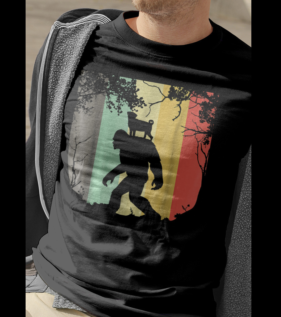 Pug Riding Bigfoot Vintage Retro Sunset Stripes T-Shirt