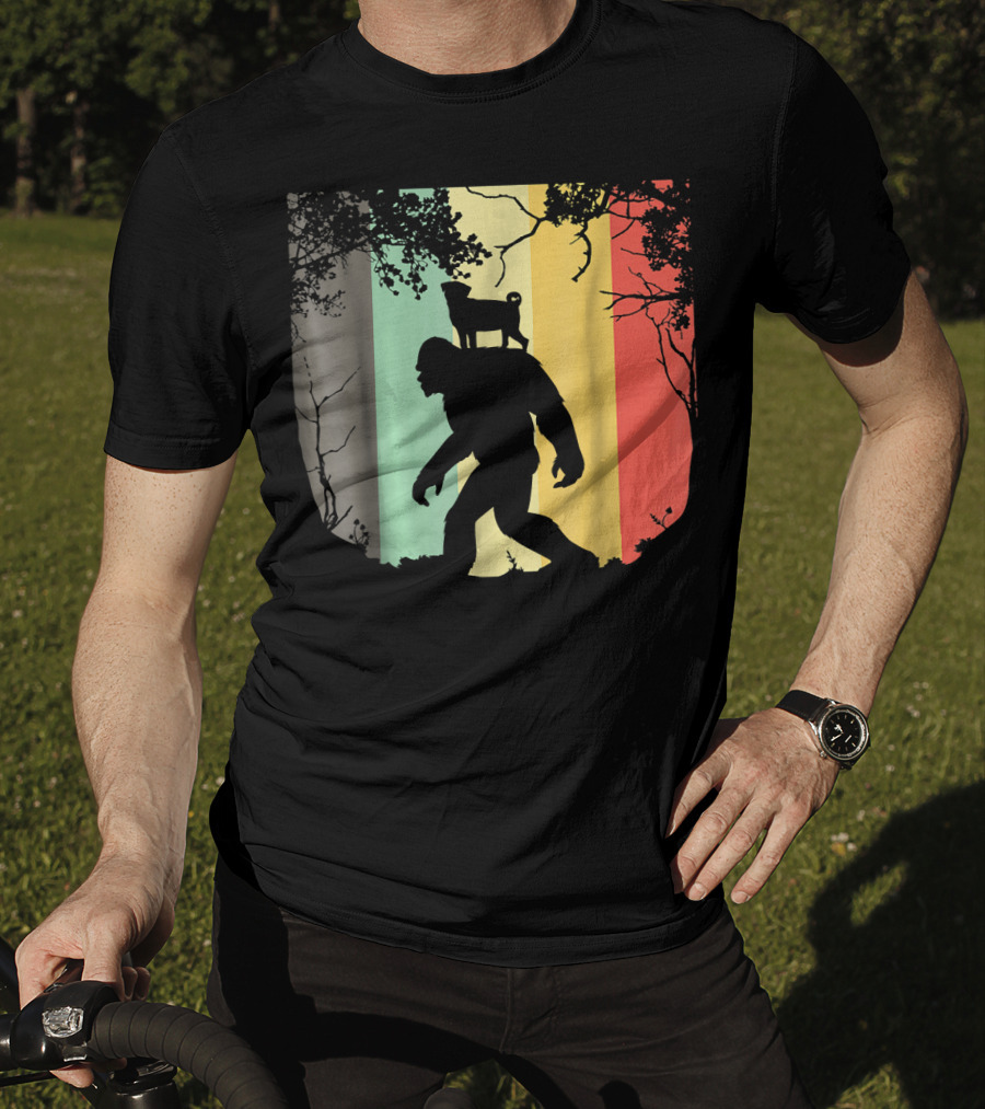 Pug Riding Bigfoot Vintage Retro Sunset Stripes T-Shirt