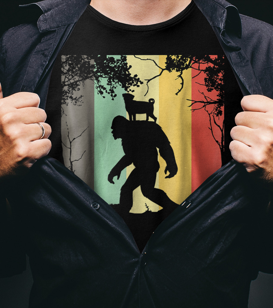 Pug Riding Bigfoot Vintage Retro Sunset Stripes T-Shirt