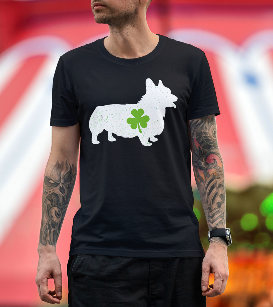 Corgi Silhouette With Green Clover Irish T-Shirt