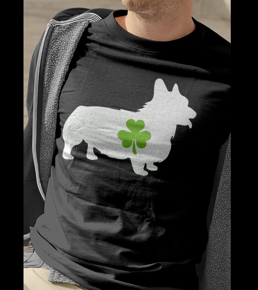 Corgi Silhouette With Green Clover Irish T-Shirt