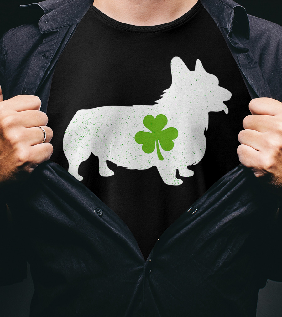 Corgi Silhouette With Green Clover Irish T-Shirt