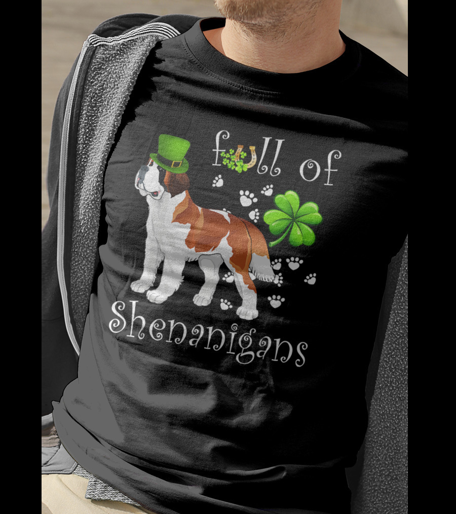 Full Of Shenanigans St Bernard Dog With Shamrock Hat And Paw Prints T-Shirt