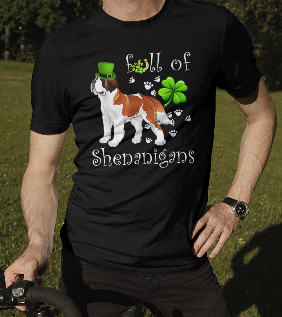 Full Of Shenanigans St Bernard Dog With Shamrock Hat And Paw Prints T-Shirt