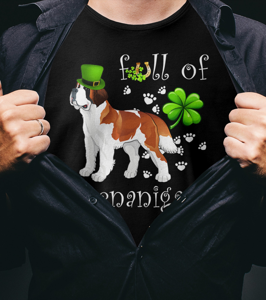 Full Of Shenanigans St Bernard Dog With Shamrock Hat And Paw Prints T-Shirt