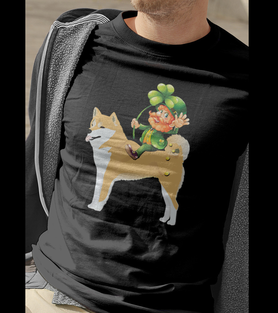 Leprechaun On Shiba Inu With Shamrock Rider T-Shirt