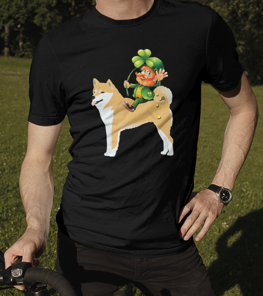 Leprechaun On Shiba Inu With Shamrock Rider T-Shirt