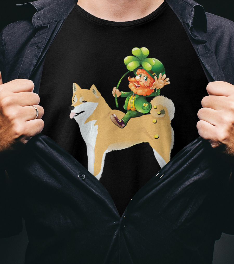 Leprechaun On Shiba Inu With Shamrock Rider T-Shirt