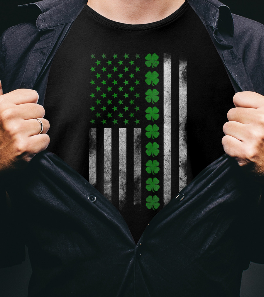 St. Patricks Day Green Clover Irish American Flag T-Shirt