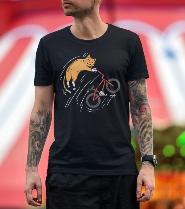 Premium T-Shirt: Orange Cat Riding Bicycle in Motion T-Shirt Orange Cat Riding Bicycle in Motion T-Shirt