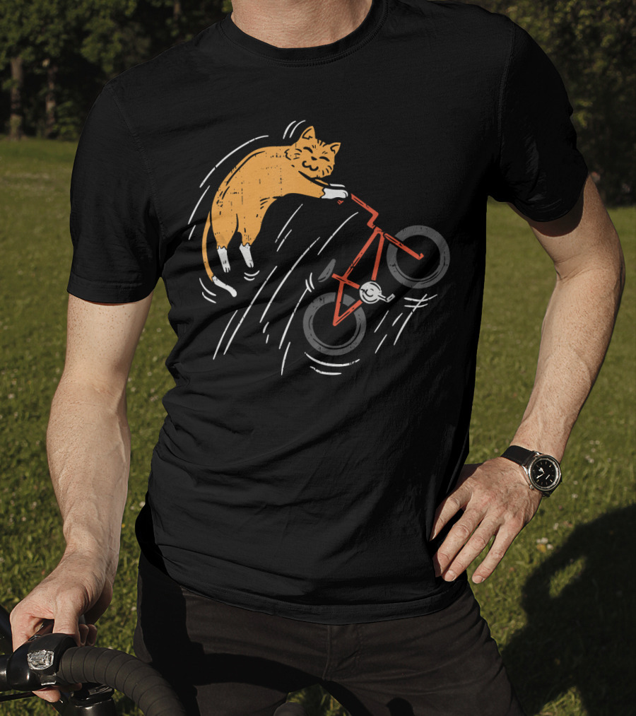 Orange Cat Riding Bicycle In Motion T-Shirt