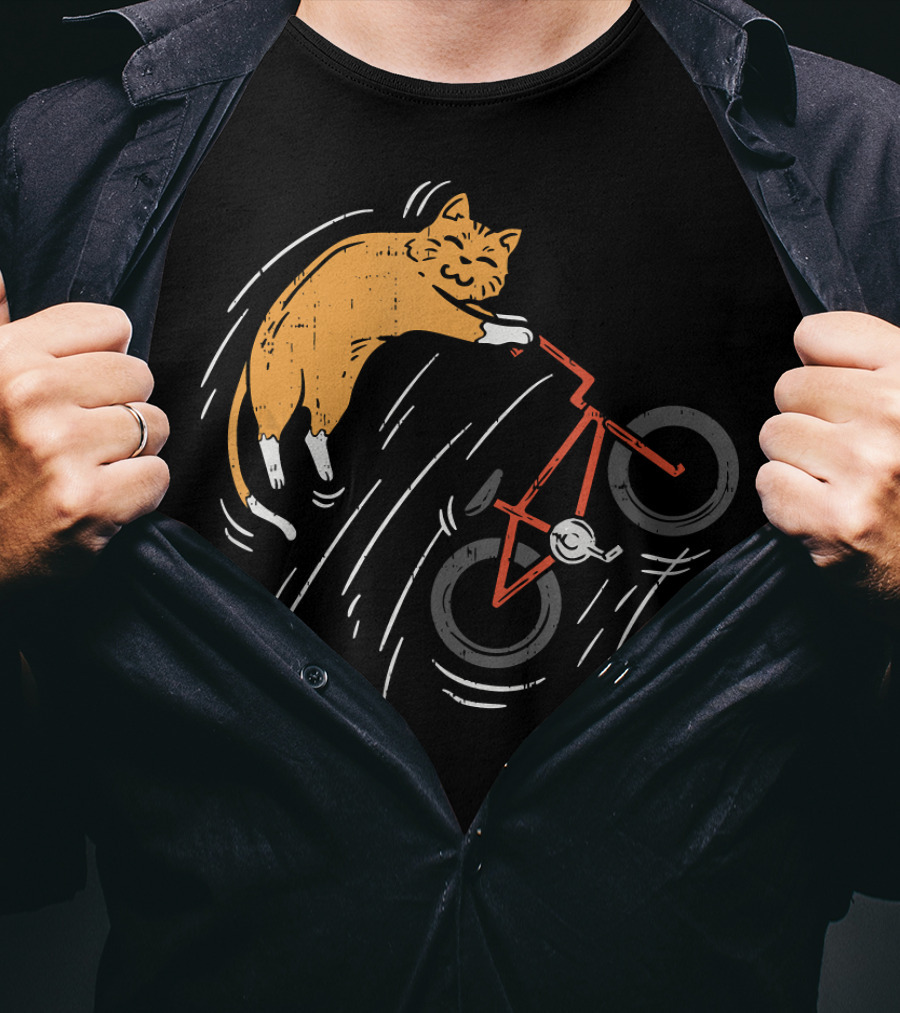 Orange Cat Riding Bicycle In Motion T-Shirt
