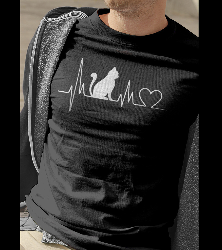 Cat Heartbeat With Heart Outline And Cat T-Shirt