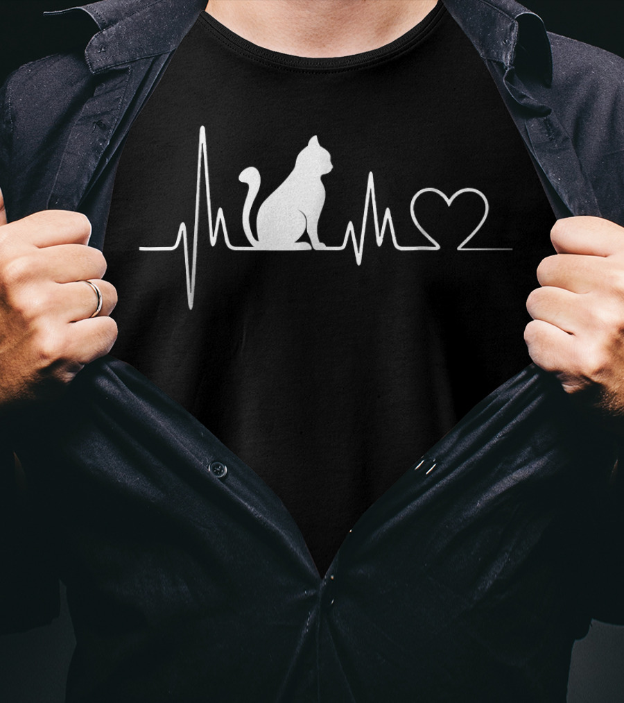 Cat Heartbeat With Heart Outline And Cat T-Shirt
