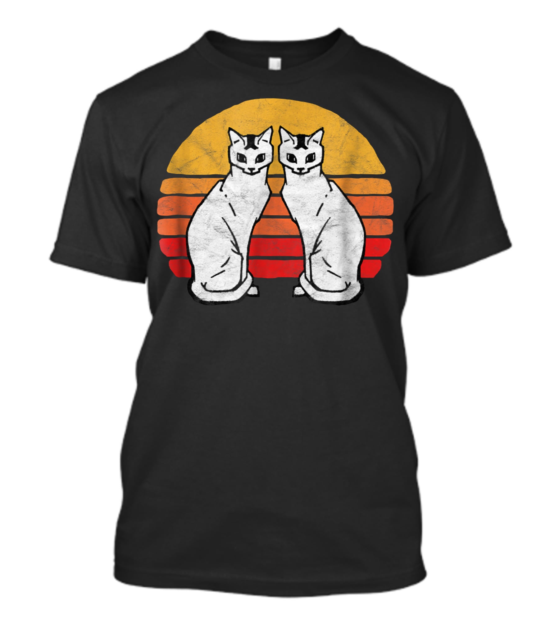 Vintage Eighties Style Twin Siamese Cats With Retro Sunset Stripes T-Shirt