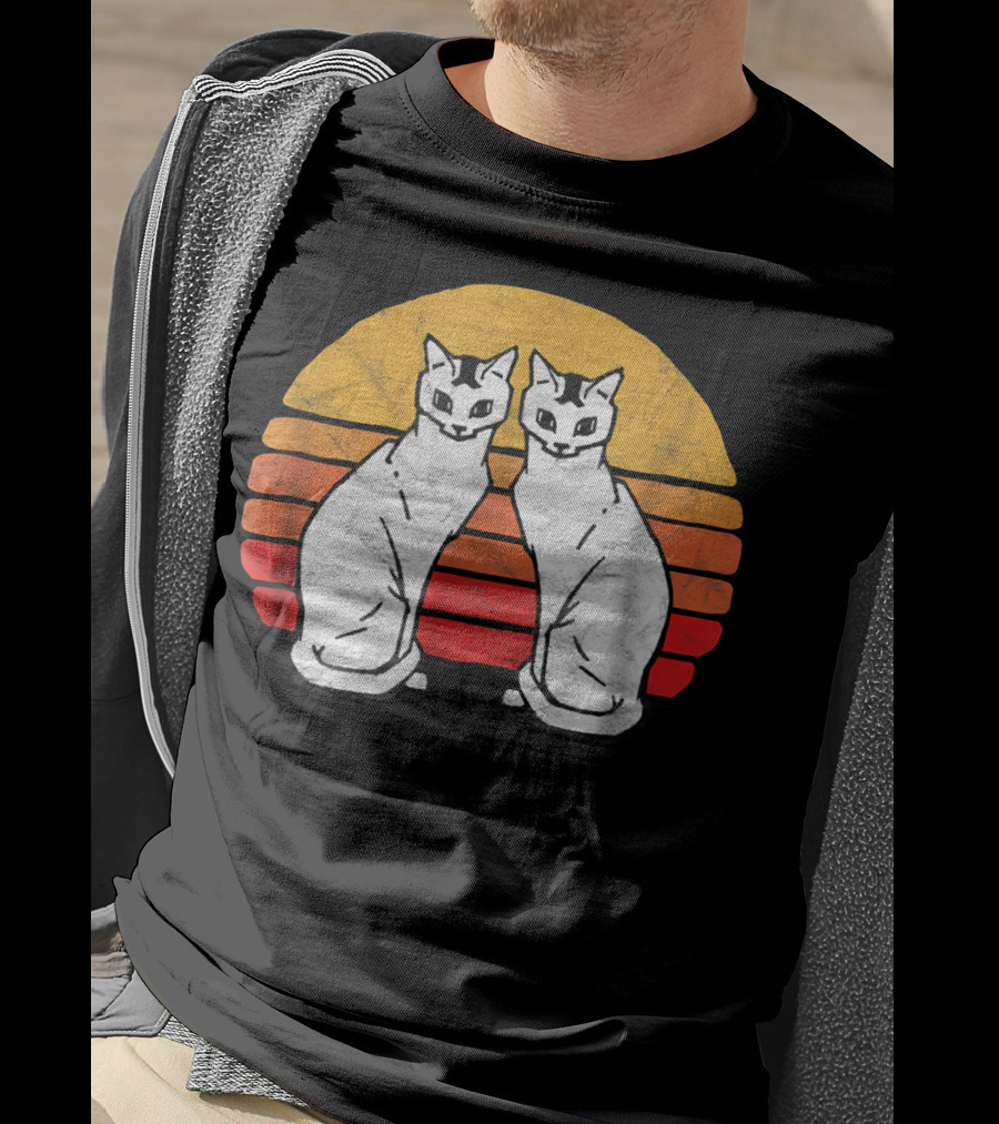 Vintage Eighties Style Twin Siamese Cats With Retro Sunset Stripes T-Shirt