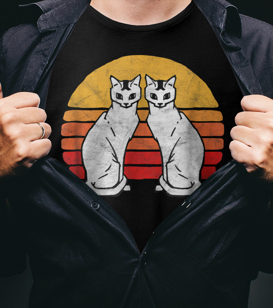 Vintage Eighties Style Twin Siamese Cats With Retro Sunset Stripes T-Shirt