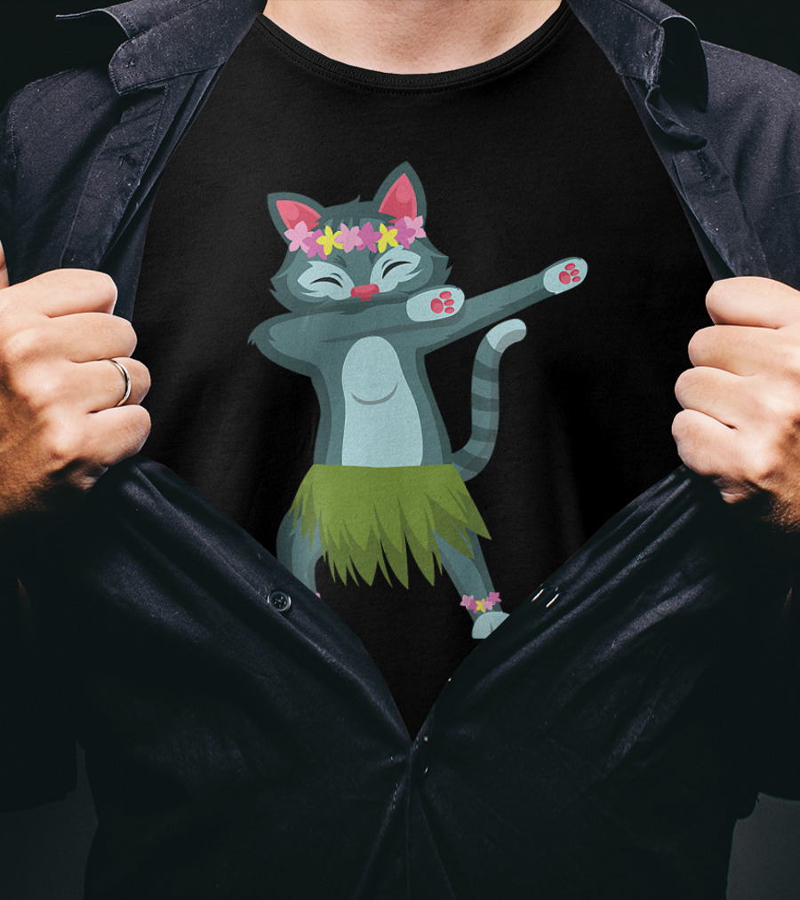 Aloha Cat Hawaiian Dance Mele Kalikimaka Hula Kitty With Floral Crown And Grass Skirt T-Shirt