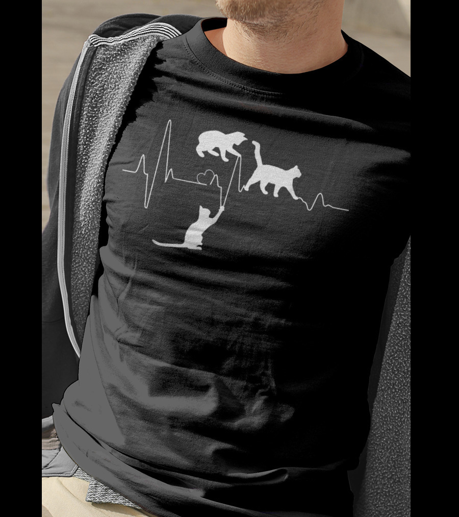 Cat Heartbeat Funny Cats Playing On Heartline T-Shirt