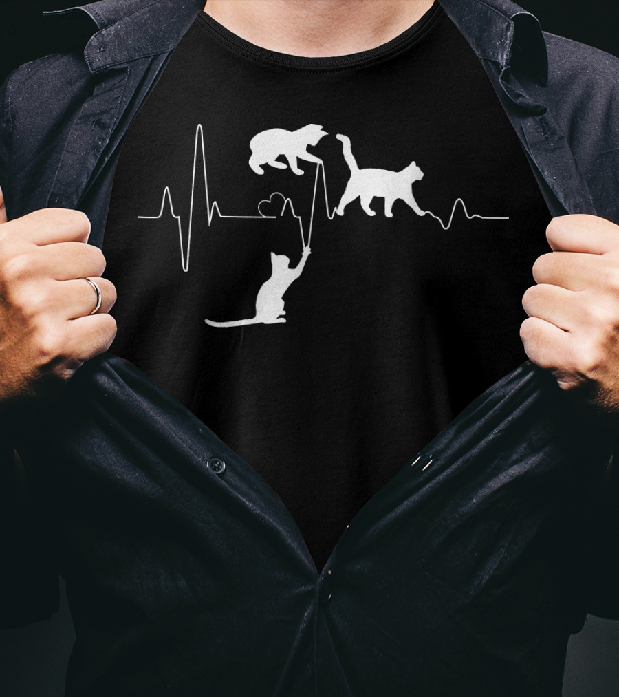 Cat Heartbeat Funny Cats Playing On Heartline T-Shirt