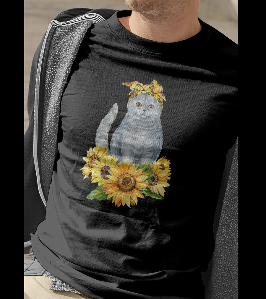 Hippie Cat With Sunflower Bandana And Sunflowers Cute Cat Lover T-Shirt