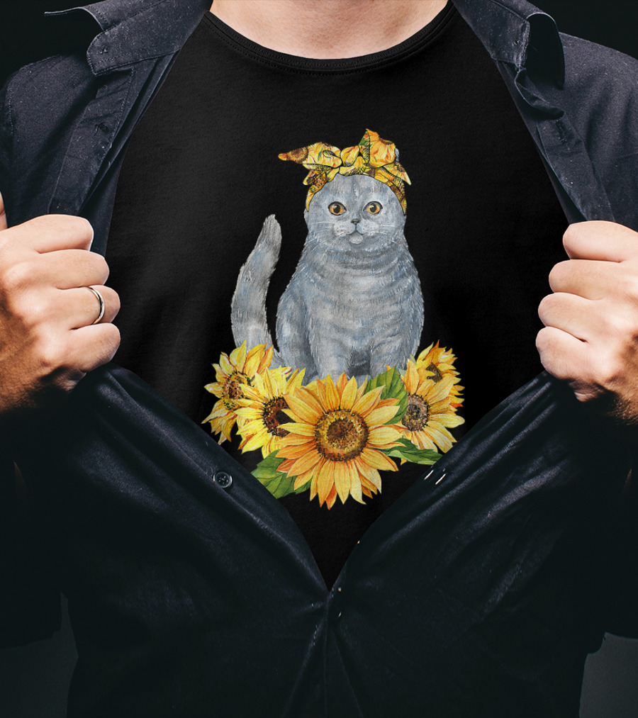 Hippie Cat With Sunflower Bandana And Sunflowers Cute Cat Lover T-Shirt
