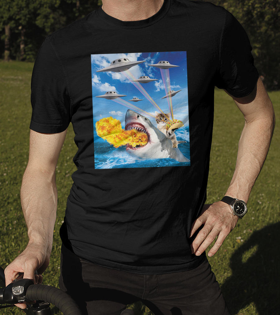 Cat Riding Fire Breathing Shark With UFO Rainbow Lasers And Taco T-Shirt