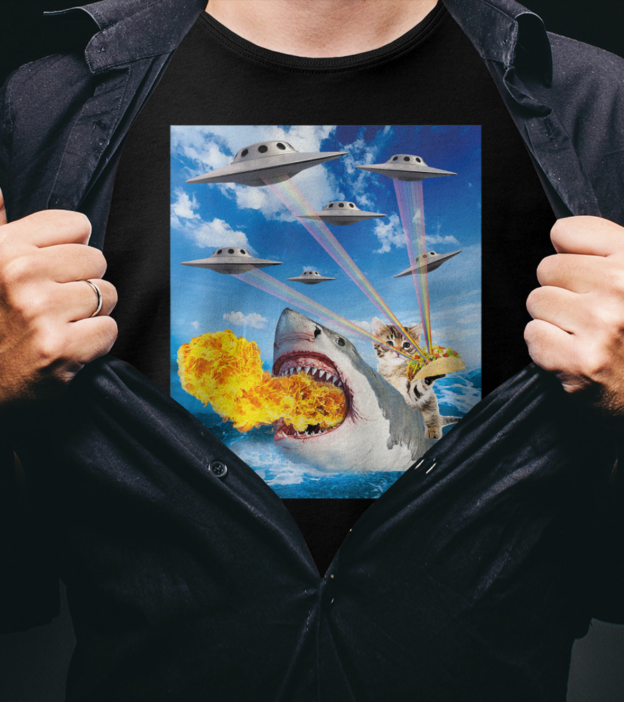 Cat Riding Fire Breathing Shark With UFO Rainbow Lasers And Taco T-Shirt