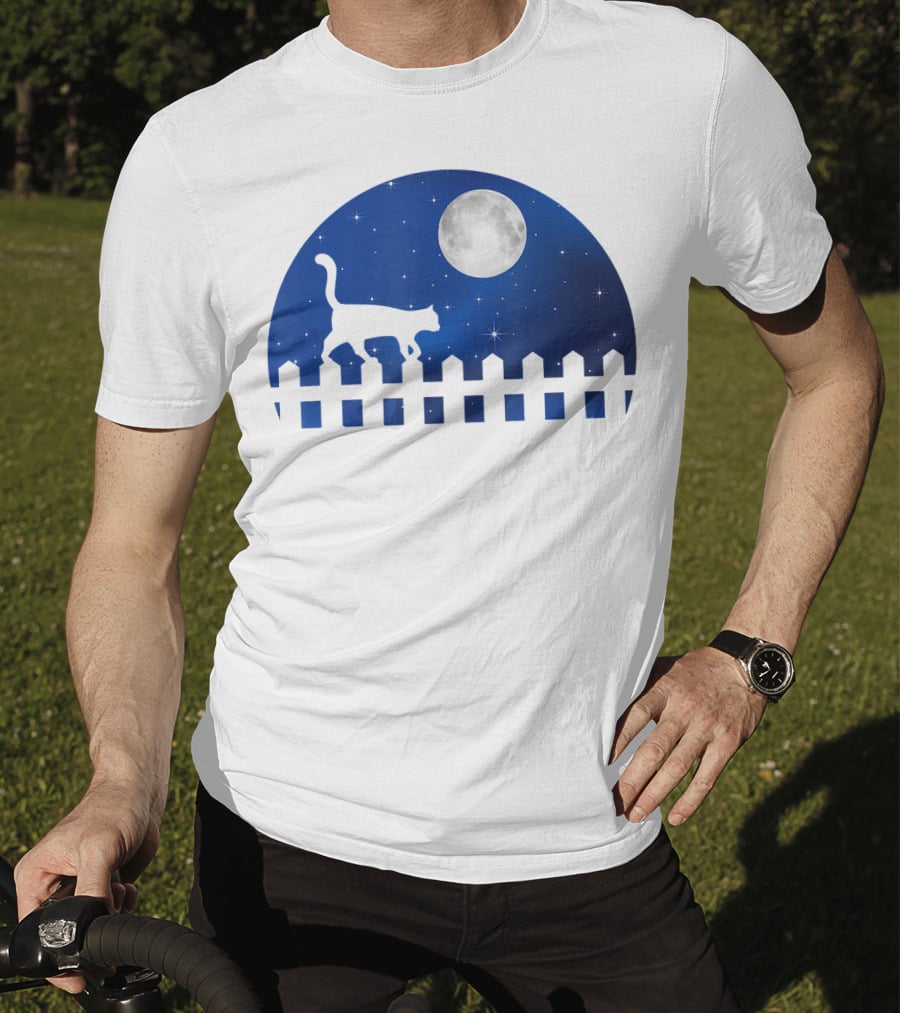 Cat Cat Moon Night Sky Walking Fence T-Shirt