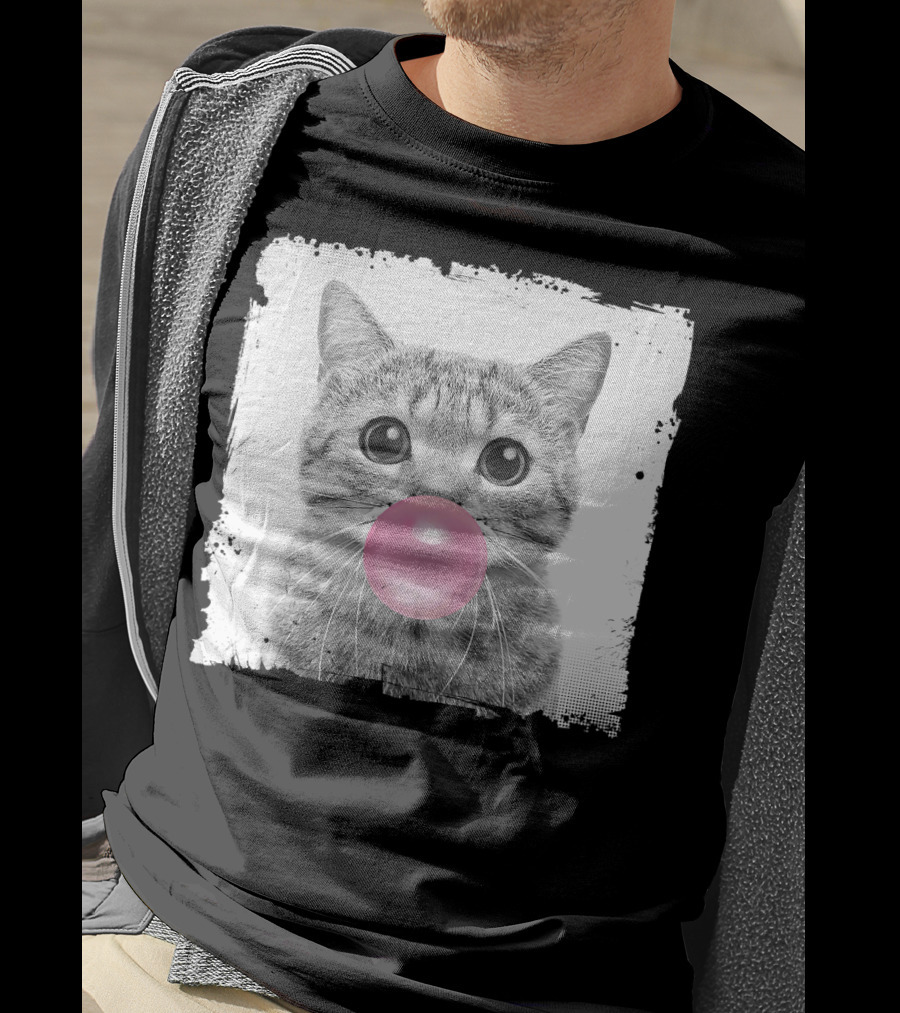 Cute Cat Blowing Pink Bubble Gum For Animal Lover Black And White Sketch T-Shirt