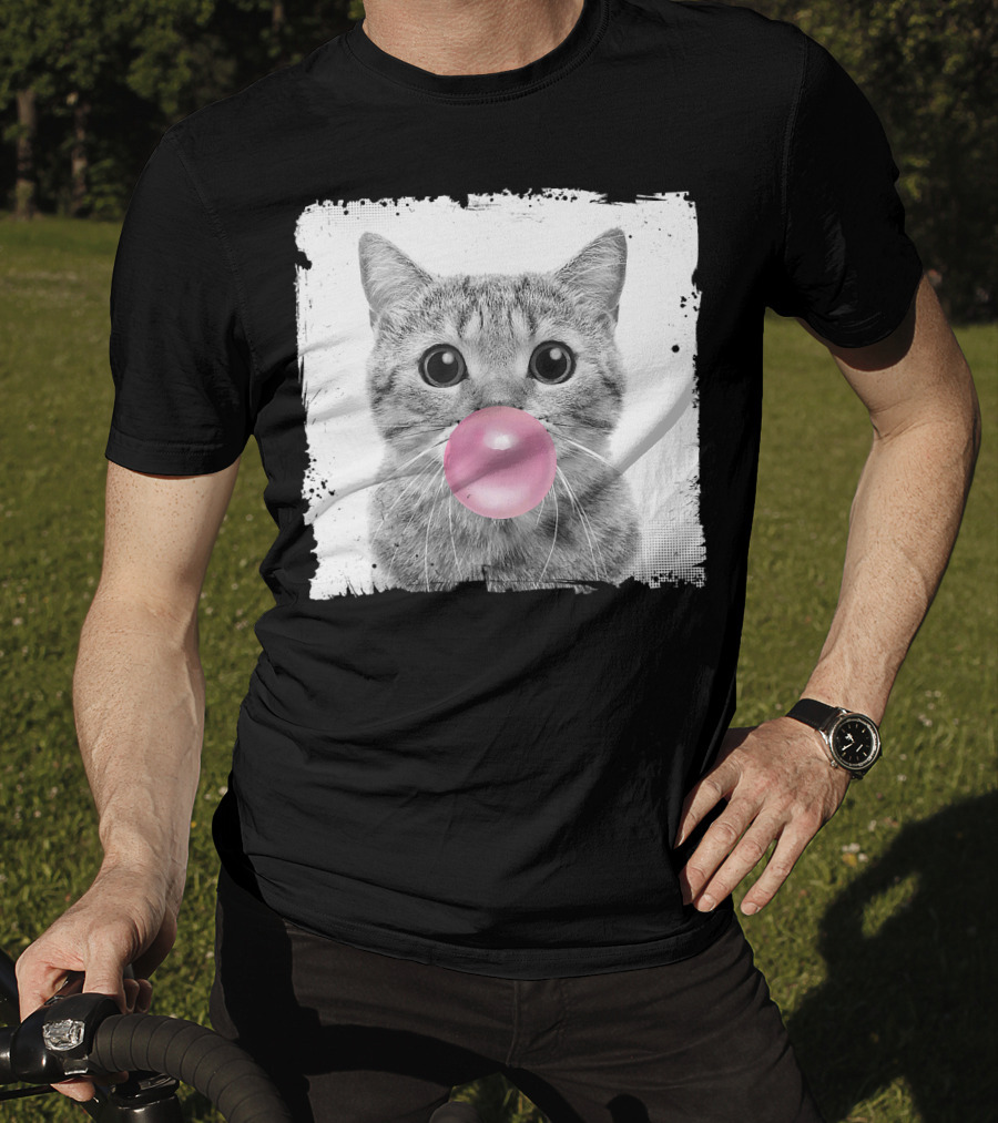 Cute Cat Blowing Pink Bubble Gum For Animal Lover Black And White Sketch T-Shirt