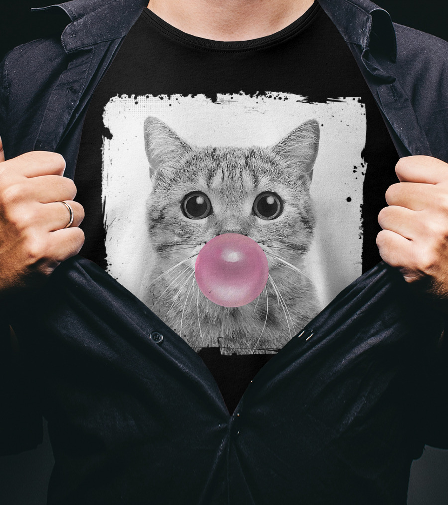 Cute Cat Blowing Pink Bubble Gum For Animal Lover Black And White Sketch T-Shirt