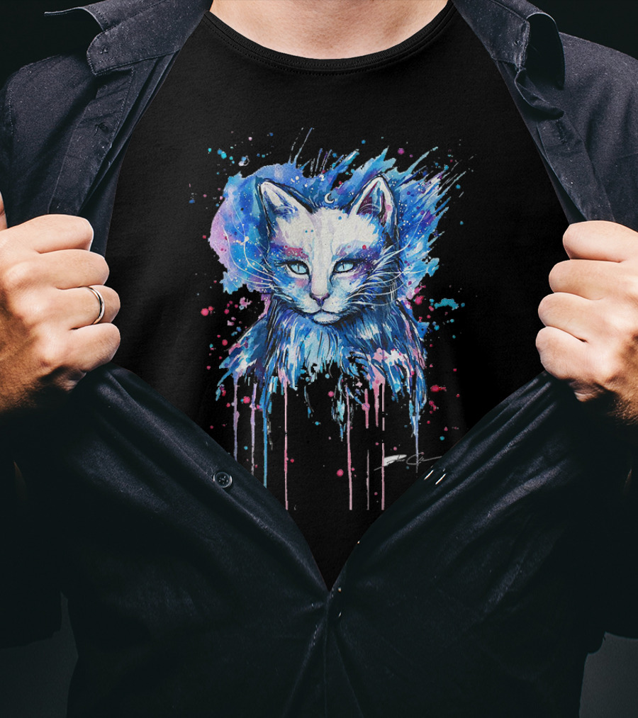 Cute Cat Cosmic Splash Watercolor T-Shirt