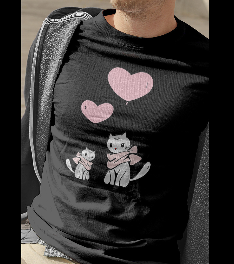 CUTE CATS Wearing Scarves Holding Pink Heart Balloons T-Shirt