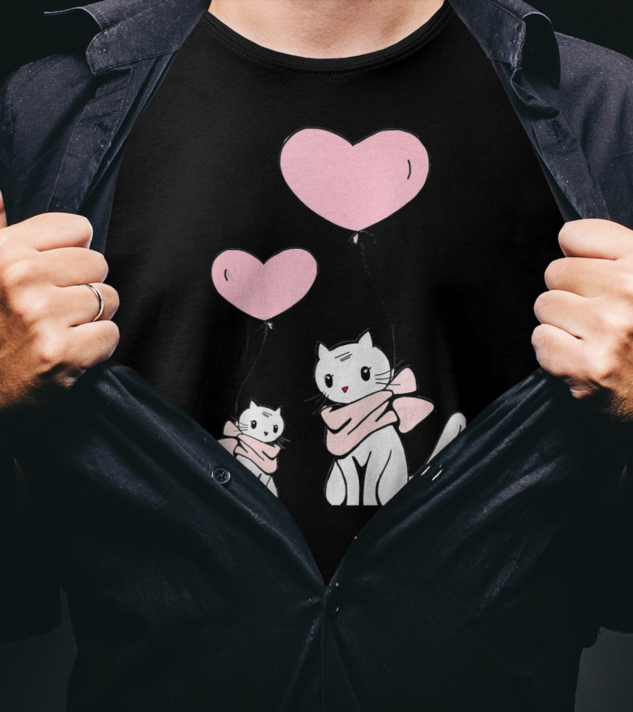 CUTE CATS Wearing Scarves Holding Pink Heart Balloons T-Shirt